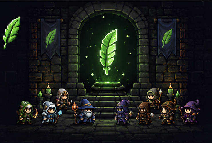 Pixel Hoodlings standing in a dungeon around a glowing green feather portal